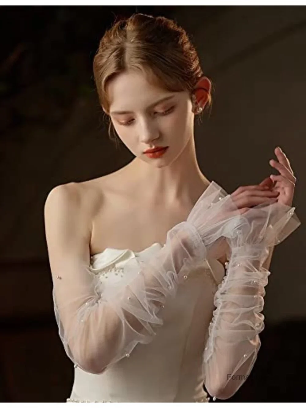 Women's Long Fingerless Bridal Wedding Tulle Pearl Opera Gloves